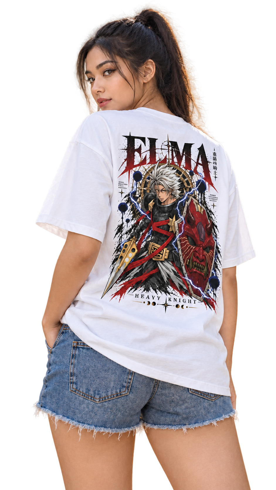 Model wearing the ELMA Heavy Knight shirt, back view